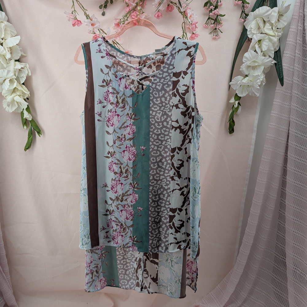 Sleeveless Floral & Stripe Mix Tunic in Mint and Brown